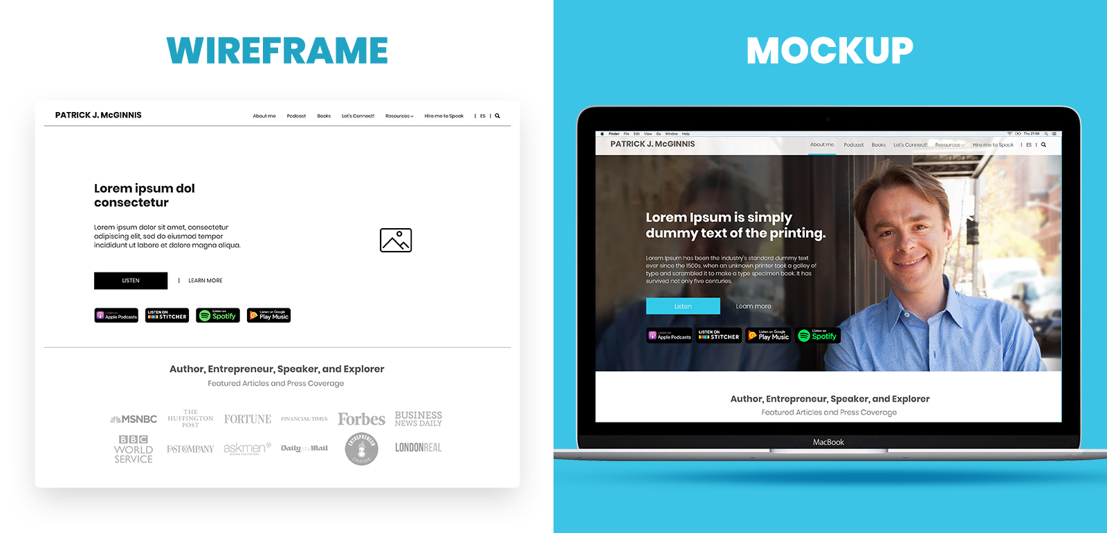 Ejemplo de la diferencia entre wireframes y mockups